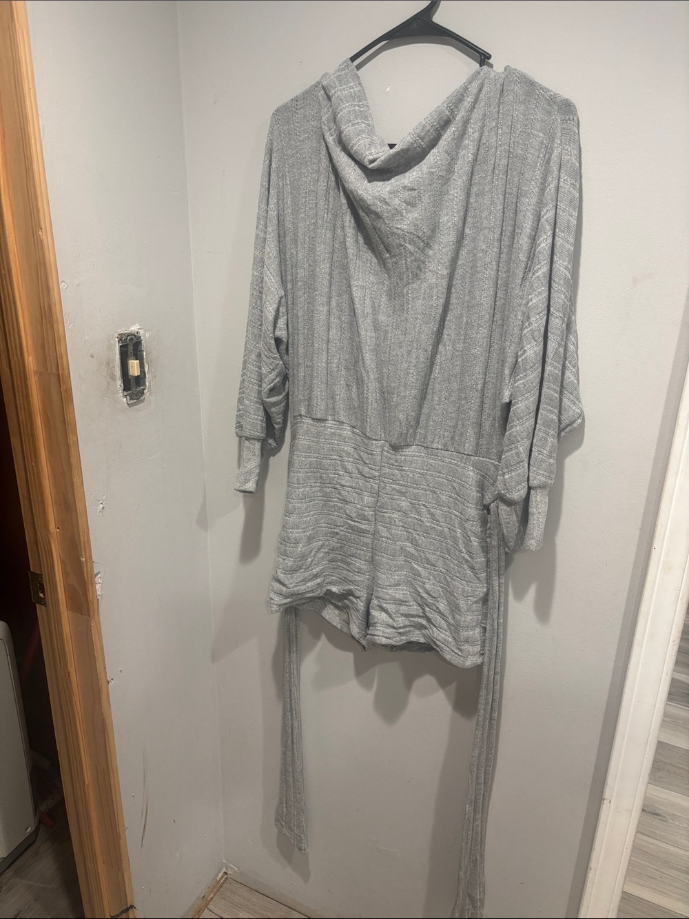 Fashion Nova Gray Hooded Knit Romper with Waist Tie